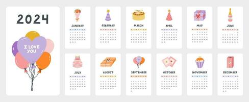 Cute calendar template for 2024 year with creative holiday illustration. Calendar grid with weeks starts on Monday for kids nursery or corporate design. Vertical monthly calender layout for planning vector