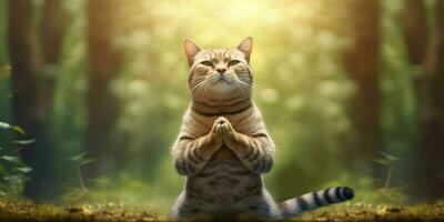 A Cat Meditates in the Forest. Cat with Namaste Pose. Generative AI photo