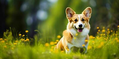 galés corgi perro en césped antecedentes. retrato de linda perro en el parque. generativo ai foto