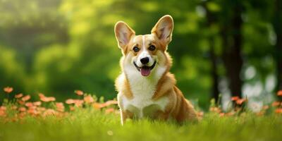 galés corgi perro en césped antecedentes. retrato de linda perro en el parque. generativo ai foto