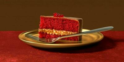 A Delicious Slice of Red Cake on a Golden Plate. Generative AI photo