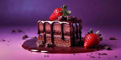 A Piece of Chocolate Cake with Melted Chocolate and Strawberries on Purple Background. Generative AI photo