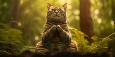 A Cat Meditates in the Forest. Cat with Namaste Pose. Generative AI photo