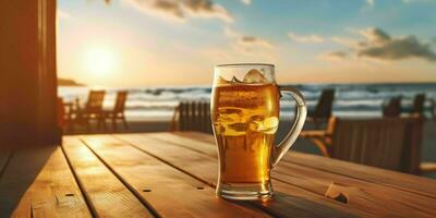Fresh Beer on a Wooden Table with Beach View. Generative AI photo
