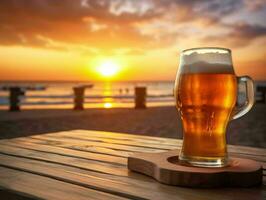 Fresh Beer on a Wooden Table with Beach View. Generative AI photo