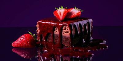 A Piece of Chocolate Cake with Melted Chocolate and Strawberries on Purple Background. Generative AI photo