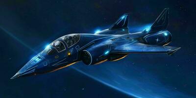 Fighter Jet Flying in a Blue Night Sky with Shining Stars. Generative AI photo