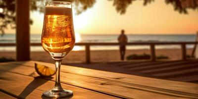 Fresco cerveza en un de madera mesa con playa vista. generativo ai foto