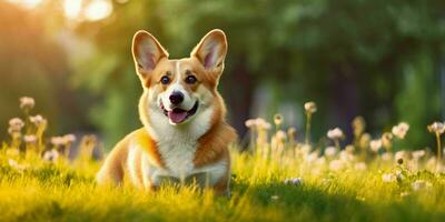 galés corgi perro en césped antecedentes. retrato de linda perro en el parque. generativo ai foto