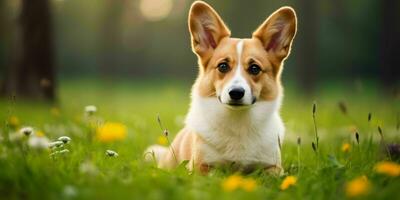 galés corgi perro en césped antecedentes. retrato de linda perro en el parque. generativo ai foto