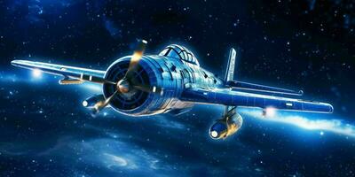 combatiente chorro volador en un azul noche cielo con brillante estrellas. generativo ai foto