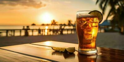 Fresh Beer on a Wooden Table with Beach View. Generative AI photo