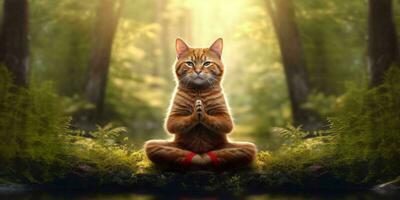 A Cat Meditates in the Forest. Cat with Namaste Pose. Generative AI photo