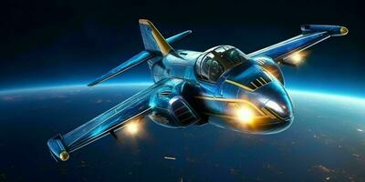 Fighter Jet Flying in a Blue Night Sky with Shining Stars. Generative AI photo