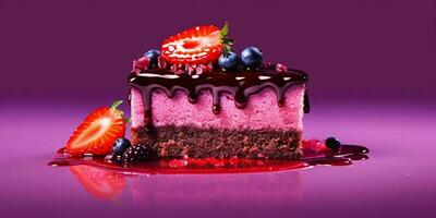 A Piece of Chocolate Cake with Melted Chocolate and Strawberries on Purple Background. Generative AI photo