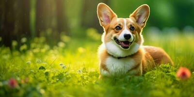 galés corgi perro en césped antecedentes. retrato de linda perro en el parque. generativo ai foto