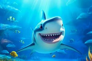 sonriente tiburón ilustración submarino en dibujos animados estilo. pescado retrato. generativo ai foto