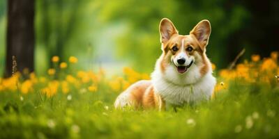 galés corgi perro en césped antecedentes. retrato de linda perro en el parque. generativo ai foto