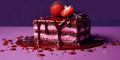 un pedazo de chocolate pastel con Derretido chocolate y fresas en púrpura antecedentes. generativo ai foto