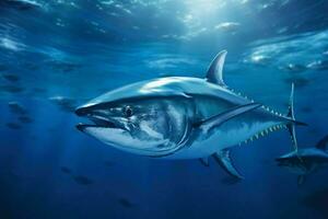 Bluefin Tuna Fish Under The Ocean. Generative AI photo