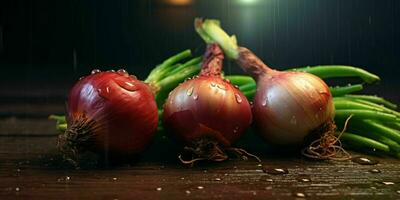 Fresh and Colorful Onions on a Wooden Table. Generative AI photo