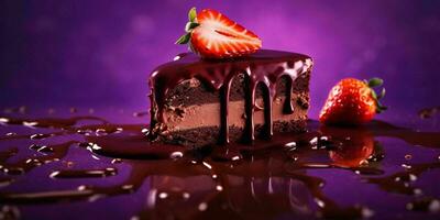 A Piece of Chocolate Cake with Melted Chocolate and Strawberries on Purple Background. Generative AI photo