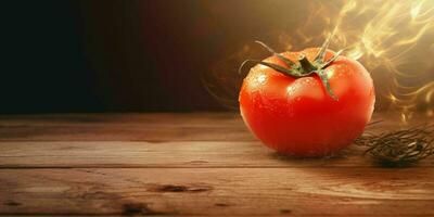 Fresco rojo Tomates con agua gotas en de madera mesa. generativo ai foto