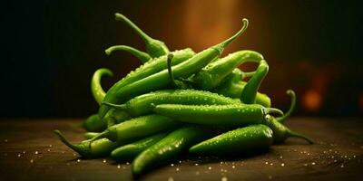 Fresh Green Cayenne Pepper with Water Droplets. Generative AI photo