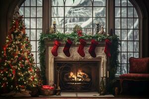 hermosa Navidad decorado hogar interior con un Navidad árbol y Navidad presenta ai generado. foto