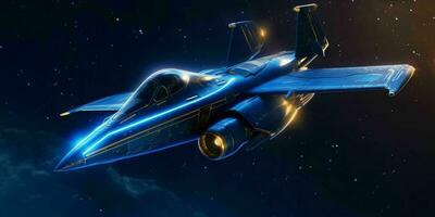 Fighter Jet Flying in a Blue Night Sky with Shining Stars. Generative AI photo