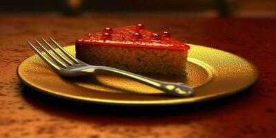 A Delicious Slice of Red Cake on a Golden Plate. Generative AI photo