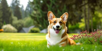 galés corgi perro en césped antecedentes. retrato de linda perro en el parque. generativo ai foto