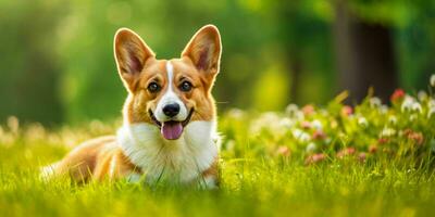 galés corgi perro en césped antecedentes. retrato de linda perro en el parque. generativo ai foto