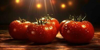 Fresh Red Tomatoes with Water Droplets on Wooden Table. Generative AI photo