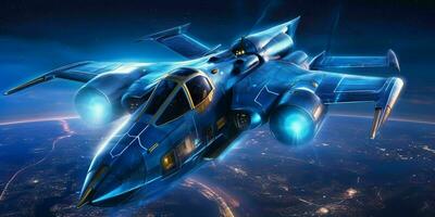 Fighter Jet Flying in a Blue Night Sky with Shining Stars. Generative AI photo