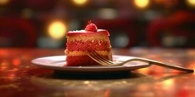 A Delicious Slice of Red Cake on a Golden Plate. Generative AI photo