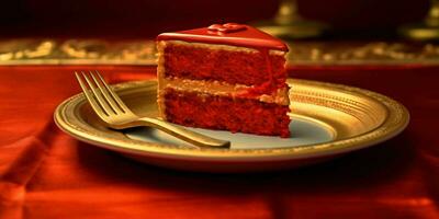 A Delicious Slice of Red Cake on a Golden Plate. Generative AI photo