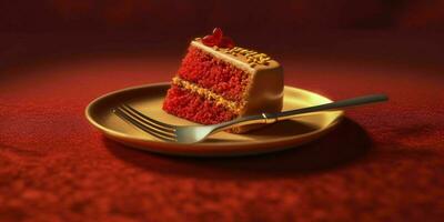 A Delicious Slice of Red Cake on a Golden Plate. Generative AI photo