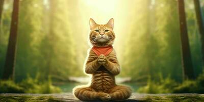 A Cat Meditates in the Forest. Cat with Namaste Pose. Generative AI photo