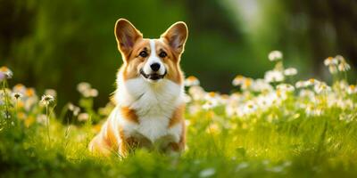 galés corgi perro en césped antecedentes. retrato de linda perro en el parque. generativo ai foto