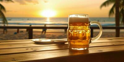 Fresh Beer on a Wooden Table with Beach View. Generative AI photo