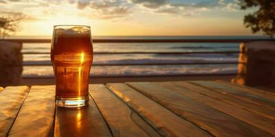 Fresh Beer on a Wooden Table with Beach View. Generative AI photo