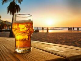 Fresh Beer on a Wooden Table with Beach View. Generative AI photo