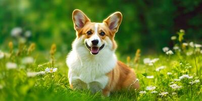 galés corgi perro en césped antecedentes. retrato de linda perro en el parque. generativo ai foto