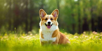 Welsh Corgi Dog on Grass Background. Portrait of Cute Dog in The Park. Generative AI photo