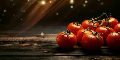 Fresco rojo Tomates con agua gotas en de madera mesa. generativo ai foto