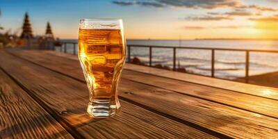 Fresco cerveza en un de madera mesa con playa vista. generativo ai foto