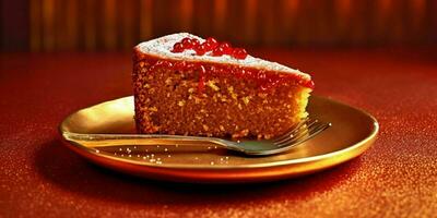 A Delicious Slice of Red Cake on a Golden Plate. Generative AI photo