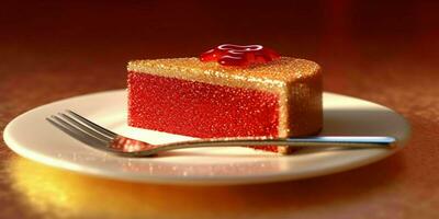 un delicioso rebanada de rojo pastel en un dorado lámina. generativo ai foto