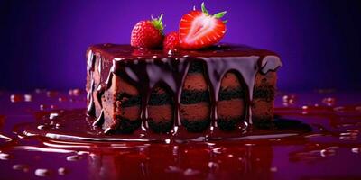 A Piece of Chocolate Cake with Melted Chocolate and Strawberries on Purple Background. Generative AI photo